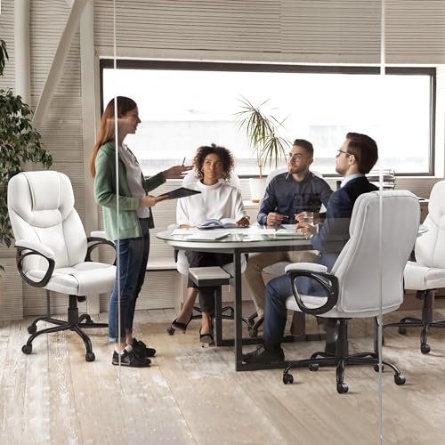 Yaheetech High Back Executive Office Chair Faux Leather Ergonomic Managerial Chair for Meeting Computer Large Seat, Sturdy Metal Base,White