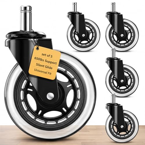 Office Chair Wheels Replacement, 5PC- Universal Fit 3 Inch Casters for Office computer Chairs, Safe for All Floors, Desk wheels for office chair, Smooth & Quiet Glide, Scratch-Resistant, Quick Install