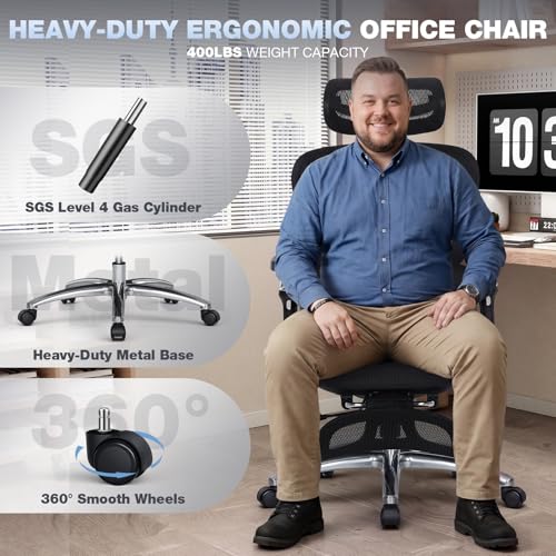 MALOL Ergonomic Office Chair, 400lbs High Back Mesh Desk Chair with 6D Armrests, 3D Headrest, Adjustable Lumbar Support, Seat Depth Adjustment, Tilt Lock, Metal Base & PU Wheels, Black