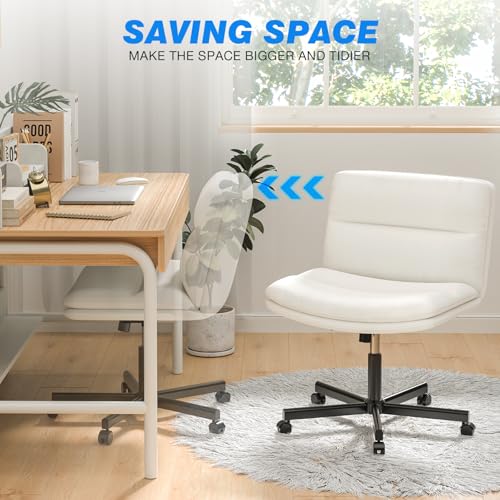 Rfiver Ergonomic Armless Criss Cross Chair with Height Adjustable and Swivel, Wide & Thickened Cushion Cross Legged Vanity Chair, Comfortable PU Leather Desk Chair for Computer Task and Make Up, White