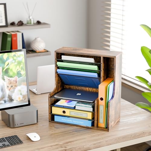 Simple Trending 7 Tier Desk File Organizer, Wooden Letter Tray Paper Organizer with Adjustable File Holder, Mesh Desktop Organizer and Storage for Office Supplies