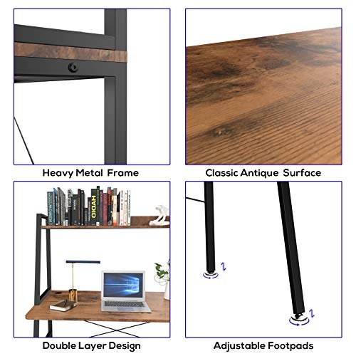 EUREKA ERGONOMIC,43 Inch 2-Tier Home Office Students Study Writing PC Gaming Table with Bookshelf Small Computer Ladder Desk with Storage Shelves,Modern Workstation for Space Saving, Rustic Brown