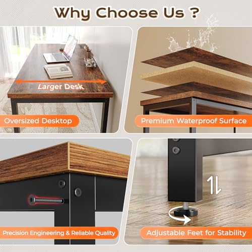 Huuger 55 x 24 inch Desk with Power Outlets & USB-C, Deeper & Thicker Desktop, Robust Metal Tubes, Computer Desk, Heavy Duty Office Desk, Work Gaming Desk for Home Office, Rustic Brown