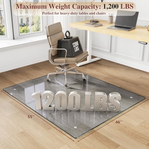 MYSUNORIA Tempered Glass Office Chair Mat, 46"x55" for Carpet & Hardwood Floors, Grey Heavy Duty 0.2" Thick Computer Chair Mat with Non-Slip Pads, Scratch Resistant, Rounded Corners & Polished Edges