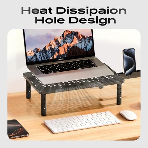 Canyora Computer Monitor Stand Riser for Desk, 3 Height Adjustable PC Laptop TV Desktop Monitor Stand Shelf, Metal Printer Table with Phone Holder, Stand Riser for Desk, Office Desk Organizers and Accessories, 2 Pack