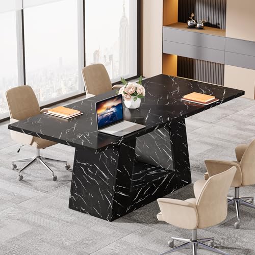 Tribesigns Modern Executive Desk, 63-Inch Large Office Desk Workstation, Simple Style Computer Desk Study Table with Sturdy Base, Wooden Faux Marble Writing Desk for Home Office, Black