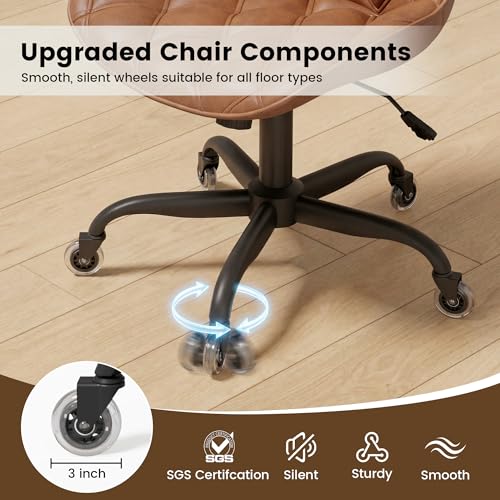 Armless Office Chair, Mid Back Modern Desk Chair with Rubber Wheels, 360 Swivel PU Leather Office Chair No Arms, Adjustable Height Small Computer Chair, Armless Desk Chair for Office, Brown