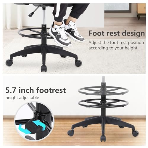 PayLessHere | Drafting Chair | Black | Tall Office Chair with Adjustable Seat Height & Footrest, Ergonomic Mesh Back, Lumbar Support, 360 Degree Swivel Rolling Wheels | for Workspaces & Home Office