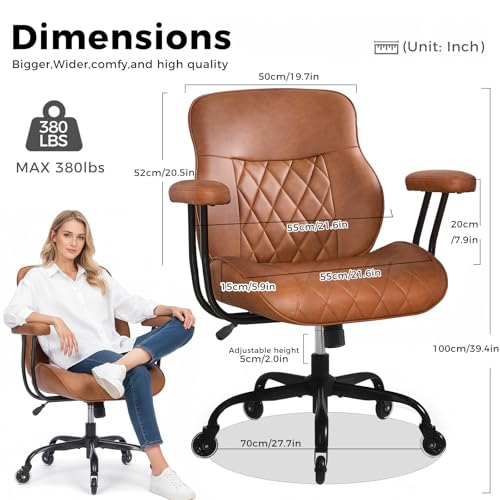 BEWISHOME Brown Leather Office Chair – Features Rubber Wheels