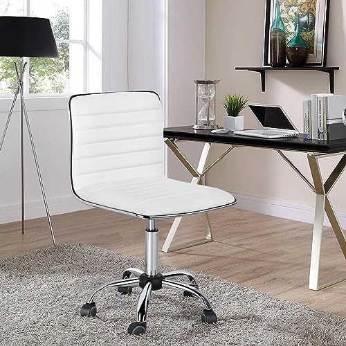 Yaheetech Adjustable Task Chair PU Leather Low Back Ribbed Armless Swivel White Desk Chair Office Chair Wheels