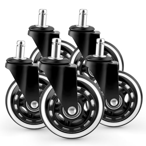 RangkingCaster 3 Inch Office Chair Wheels,Heavy Duty Replacement Casters for Furniture Computer Gaming Chairs,Silent Rubber Wheels Safe for Hardwood Carpet All Floors,Fits 98%,Set of 5