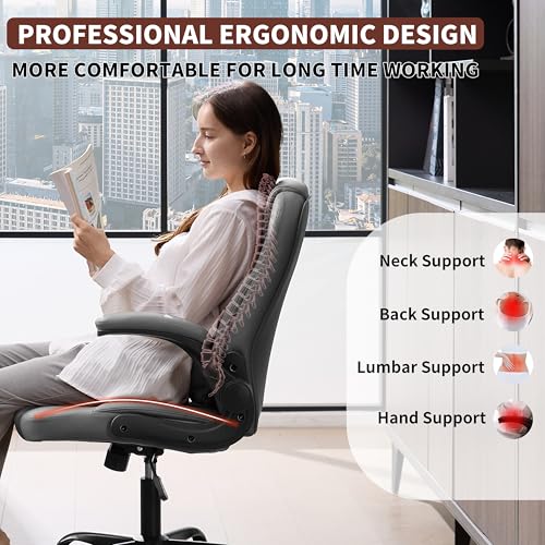 Nexthro Executive Office Chair PU,Leather Office Chair with Wheels,360° Swivel Rolling Chair with Padded Arms,Ergonomic Computer Chair with Lumbar Support for Short People Use (Grey)