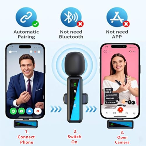 ordele Wireless Lavalier Microphone for iPhone - iPad, Android Phone Computer, Mini Microphone for Live Streaming, Video Recording, Outdoor or Indoor Interviews, YouTube, TikTok, Vlog (Black)