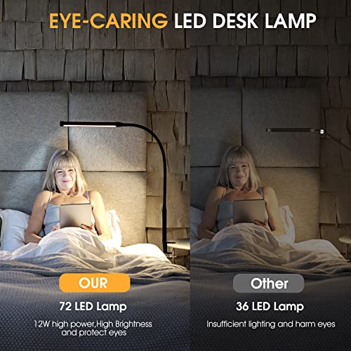 Voncerus LED Desk Lamp with Clamp, Eye-Caring Clip on Lights for Home Office, 3 Modes 10 Brightness, Long Flexible Goose-Neck, Metal, Swing Arm Architect Task Table Lamps with USB Adapter, Black