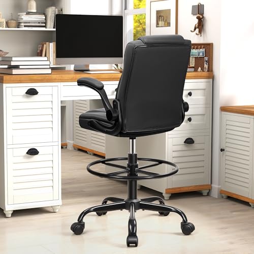 Drafting Chair, Tall Office Chair for Standing Desk, High Executive Leather Ergonomic Computer Chair with Adjustable Height and Flip-Up Armrest for Counter Height Desk, Black, Pack of 1