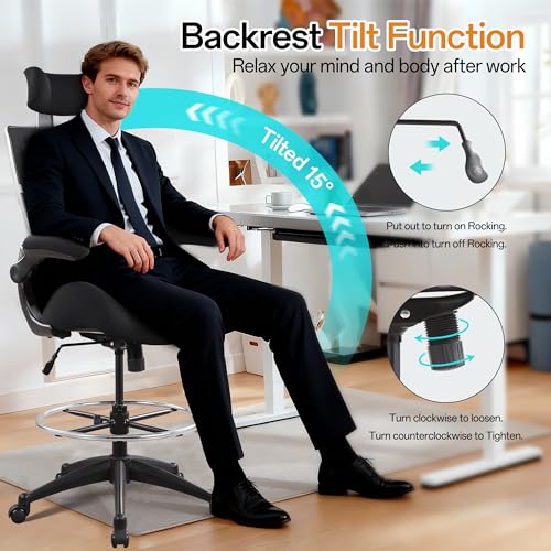 BOLISS Drafting Tall Office Chair 400lbs High Back Wide Standing Desk Chair Comfortable with Flip up Armrests Lumbar Support Adjustable Big Footrest Ring(Black)