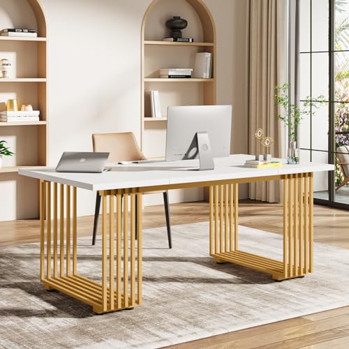 Tribesigns 70.9" Modern Office Desk, Wooden Computer Desk, White Executive Desk with Gold Metal Legs, Large Workstation for Home Office, Study Writing Desk, Small Conference Table for Meeting Room