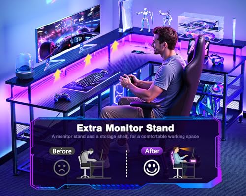 ODK 66" L Shaped Gaming Desk with Power Outlet and LED Lights, PC Gaming Table with Carbon Fiber Texture, Reversible L Shape Desk with Storage Shelves & Monitor Stand, Home Office Desk, Black