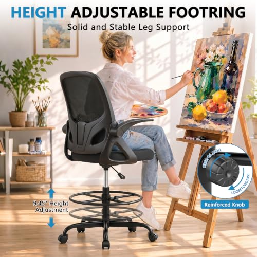 Kensaker Drafting Chair Tall Office Chair, Ergonomic Standing Desk Chair with Adjustable Foot Ring and Flip-up Armrests, Mesh Computer Chair for Art Studio, 300 LBS, Black