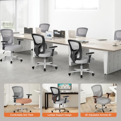 Sweetcrispy Big and Tall Office Desk Chair with Lumbar Support, 500lbs Heavy Duty Mesh Ergonomic Computer Chair with 4D Armrest and Wide Comfy Seat, 360° Swivel Wheels for Adult, Grey