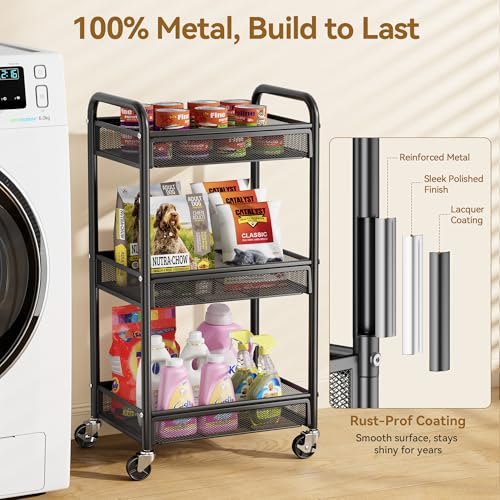 YASONIC 3 Tier Rolling Cart – Metal Utility Storage Carts with Wheels, Craft Cart Organizer with Hanging Cups, Hooks, Mesh Basket for Bedside Kitchen Office Art, Black