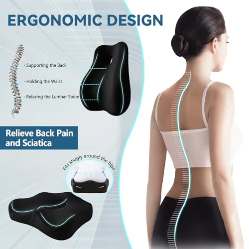 JIPORIER Seat Cushion & Lumbar Support Pillow for Office Chair,Memory Foam Chair Cushions for Tailbone Pain, Non-Slip Back Support for Desk,Gaming Chair,Wheelchair, Breathable & Machine Washable