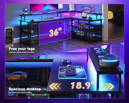 ODK 66" L Shaped Gaming Desk with Power Outlet and LED Lights, PC Gaming Table with Carbon Fiber Texture, Reversible L Shape Desk with Storage Shelves & Monitor Stand, Home Office Desk, Black