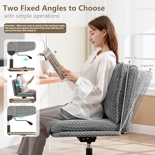 Fizzin Criss Cross Chair,Armless Cross Legged Chair with Wheels,Memory Foam Seat Office Desk Chair with Flipable Back Cushion,Mid Back Swivel Chair for Home Office,Bedroom Vanity (Grey)
