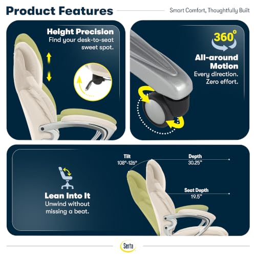 Serta Bryce Executive Office Chair - Ergonomic Computer DeskChair with Lumbar Technology - Adjustable Height - Memory Foam Body Pillows - 360° Swivel Rolling Base - Bonded Leather - Cream