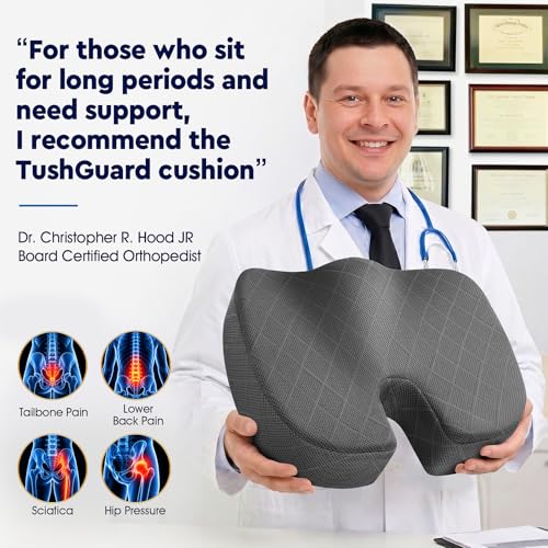 TushGuard Seat Cushion - Memory Foam Sitting Pillow for Office Chair, Car Seat, Airplane, Bleacher - Sciatica & Hip & Coccyx Pain Relief Desk Chair Cushion for Long Sitting Office Workers, Car Drivers