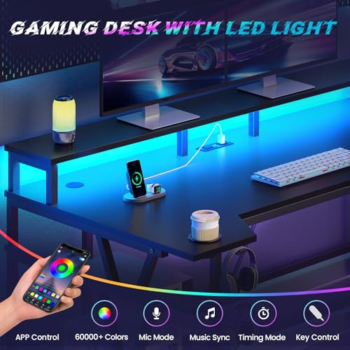 SEDETA Gaming Desk 70.8'' with LED Lights and Storage Shelves, Computer Desk with Monitor Stand, Power Outlets and Cup Holder, Large PC Gamer Desk, Gaming Table for Bedroom, Living Room, Black
