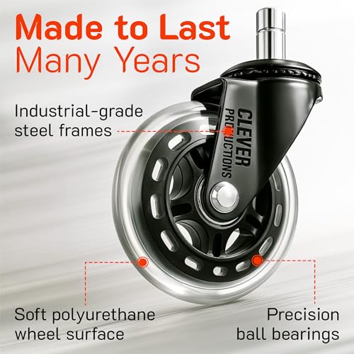 Replacement Office Chair Wheels (3" Set of 5) - Smooth & Quiet Rolling Heavy Duty 98% Universal Fit Caster Wheels for Office Chair - Desk Chair Wheels Clear for Hardwood Tile Vinyl Floors & Carpet