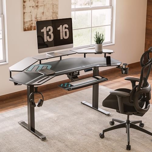 EUREKA ERGONOMIC Gaming Desk, Standing Desk w Keyboard Tray, 72" Wing Shaped Music Studio Table with LED Shelves, Gaming Recording Live Stream, Slot Design