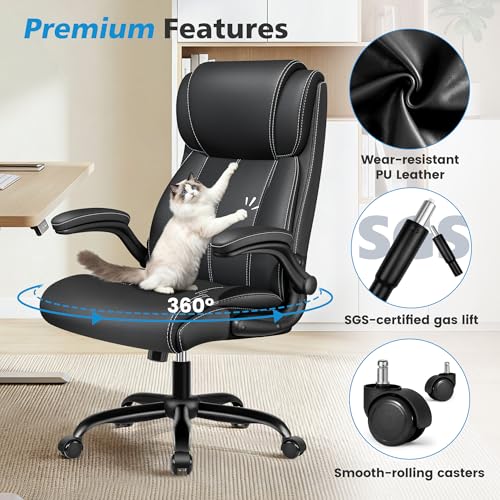 Stella Mia Ergonomic Office Chair – High Back Executive Leather Desk Chair with Inflatable Lumbar Support for Back Pain, Heavy-Duty Computer Desk Chair for Long Workdays, Black