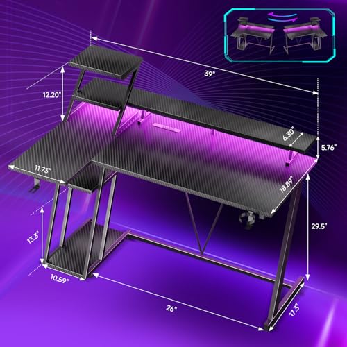 Korfile 40 Inch Gaming Desk with LED Lights & Power Outlet, L Shaped Computer Gaming Table with Storage Shelves, Reversible Corner Desk with Monitor Stand for Home Office, Carbon Fiber Black