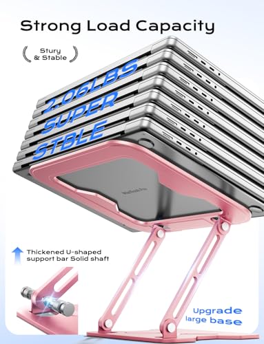 JCZT Adjustable Laptop Stand for Desk, Metal Foldable Laptop Riser, Portable Laptop Holder Mount, Ventilated Cooling Computer Notebook Stand for MacBook Air Pro, All 10-16'' Notebooks Laptops, Pink