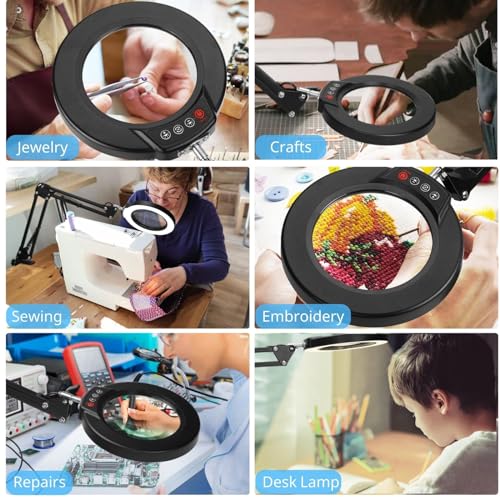 Coyeth 10X Magnifying Glass with Light and Clamp, Real Glass Stand Lighted Magnifier, 5 Color Modes Stepless Dimmable LED Desk Lamp Hands Free for Crafts Hobby Reading Painting Sewing Close Work