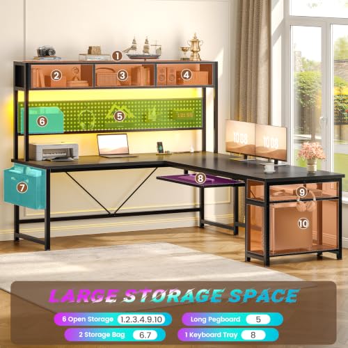 SEDETA L Shaped Gaming Desk, Reversible Computer Desk with Power Outlet and Pegboard, Gaming Desk with Led Lights, Keyboard Tray and Storage Bag for Home Office, Black