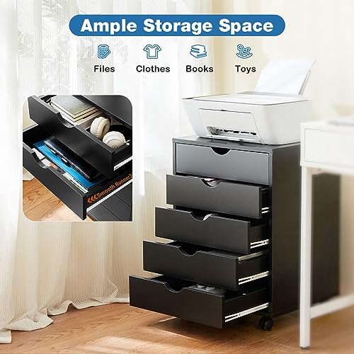 OLIXIS 5 Drawer Mobile File Cabinet Under Desk Storage Organization with Wheels Vertical Filing Chest Rolling Wood Small Desk Printer Stand for Home Office, 15.75"D x 18.74"W x 25.39"H, Black