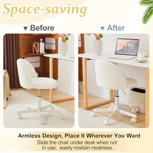 VINGLI Modern Vanity Chair with Back, Velvet Desk Chair for Girls, Small Office Chair with Silent Wheels， Stylish and Comfortable, White
