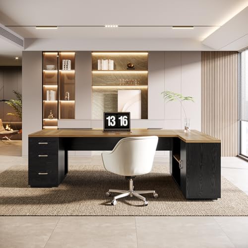 Tribesigns 85.8-Inch L-Shaped Executive Office Desk with File Drawers & Storage Cabinet, Professional Corner Computer Desk Extra Large Business Workstation with Adjustable Shelves (Brown&Black)