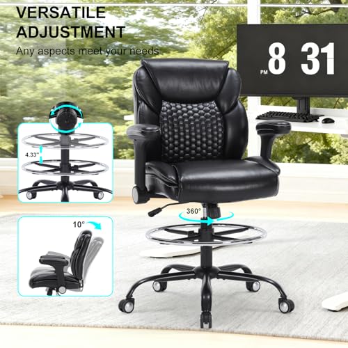 Drafting Chair, Tall Office Chair with Adjustable Armrests Mid-Back Standing Desk Chair with Footrest Ring, PU Leather High Executive Desk Chair Counter Height Office Chair for Home and Office, Black