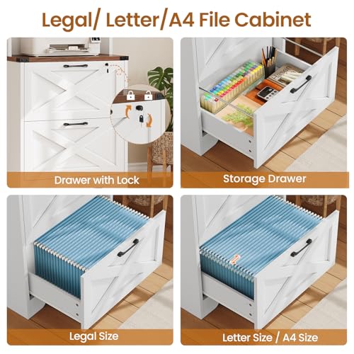 SEDETA 2 Drawer File Cabinet with Lock, Wood Filing Cabinet fits Letter, Legal, A4 Size, Hanging File Folders, Farmhouse File Cabinets for Home Office with Adjustable Storage Shelf, White