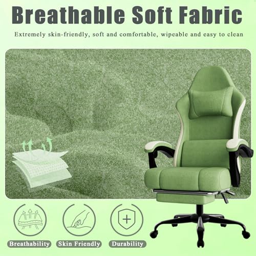 HOTOSYCH Gaming Chair, High Back Fabric Computer Chair with Pocketed Spring Cushion and Footrest, Height Adjustable Game Chair with Headrest and Lumbar Support (Beige & Green)