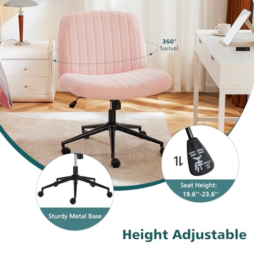 OLIXIS Criss Cross Chair with Wheels Wide Cross Legged Office Desk Vanity Chair Comfy Fabric Armless Adjustable Swivel for Home Computer Task Teddy Pink
