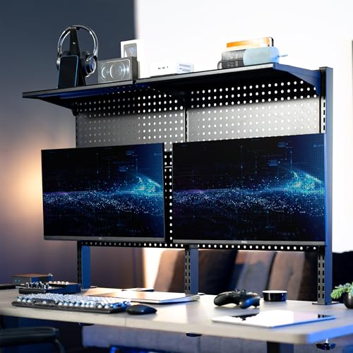 VIVO Steel Triple Clamp 47 x 31 inch Desk Pegboard System with 2 Monitor Mounts and Storage Shelf, Fits up to 32 inch Screens, Office Accessory Organizer, Black, PP-DK48SB