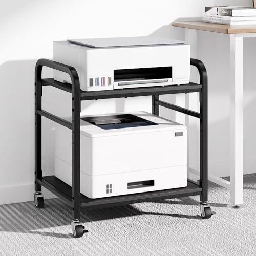niffgaff 2 Tier Under Desk Printer Stand with Storage, 22" Rolling Printer Cart with Lockable Wheels, Height Adjustable Shelf for Home Office, Black