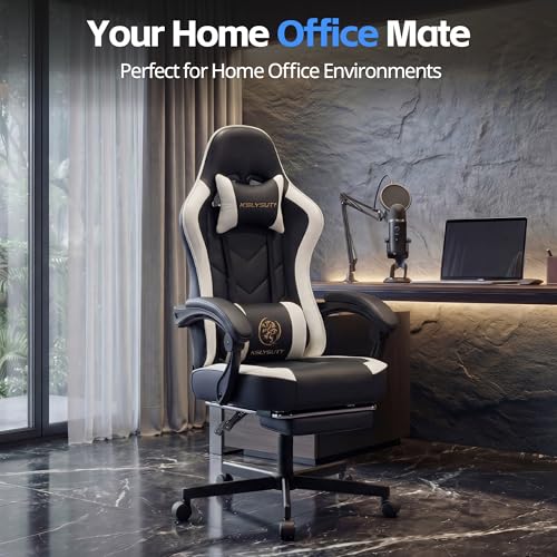 Kslysuty Desk Computer Gaming Chair - High Back Ergonomic Office Chair with Footrest and Lumbar Support, Swivel Comfy Home Gamer Video Game Chairs with Pocket Spring Cushion for Adults (White Leather)