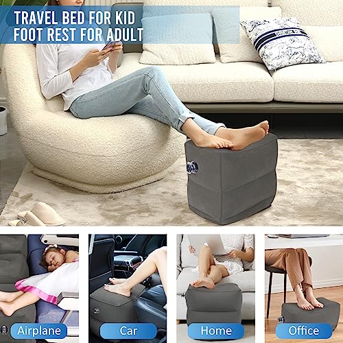 Inflatable Airplane Foot Rest Pillow - Travel Foot Rest for Long Flights, Car Seat Foot Rest for Kids Airplane Seat Extender Bed for Toddler, Blow up Plane Footrest with Easy-Carry Strap, Gray 2 Pack