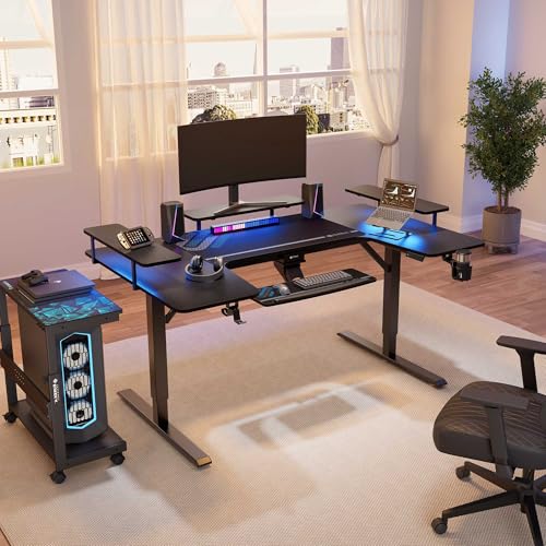 EUREKA ERGONOMIC Standing Desk with Keyboard Tray,U-Shaped 74 Inch Large Gaming Desk,Electric Height Adjustable Music Studio Desk w LED Convertible Shelves